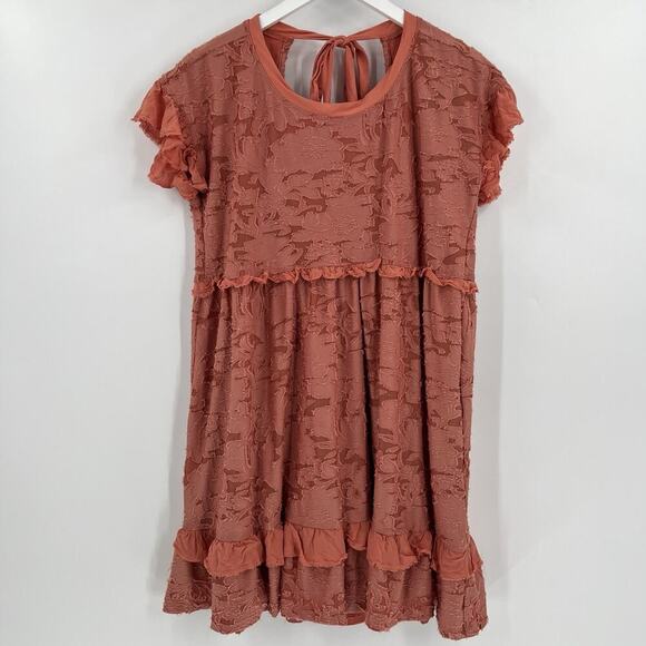 Anthropologie Ruffle Knit Mini Dress Pink Coral Tie Back Short Sleeve Size Small - Picture 3 of 11